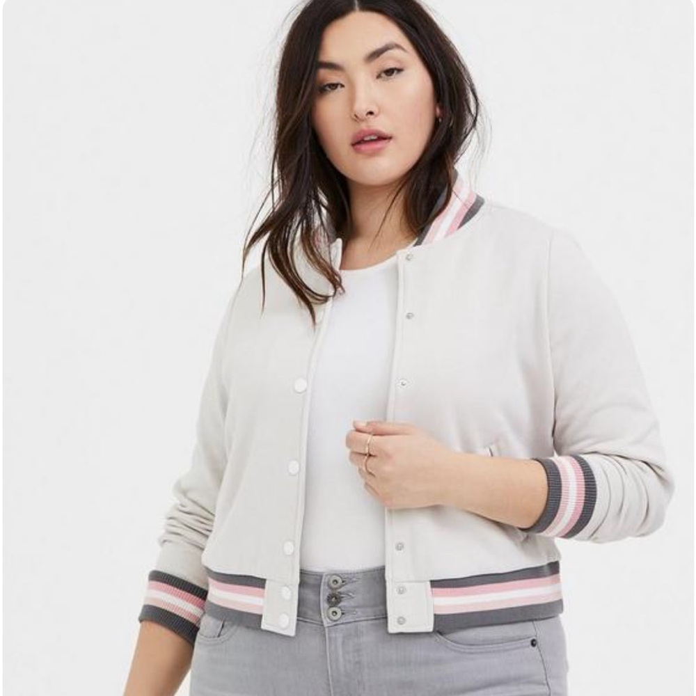 Torrid Ivory & Multi Stripe Trim Fleece Crop Bomber Jacket